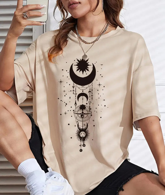 Sun & Moon Print Drop Shoulder T-shirt