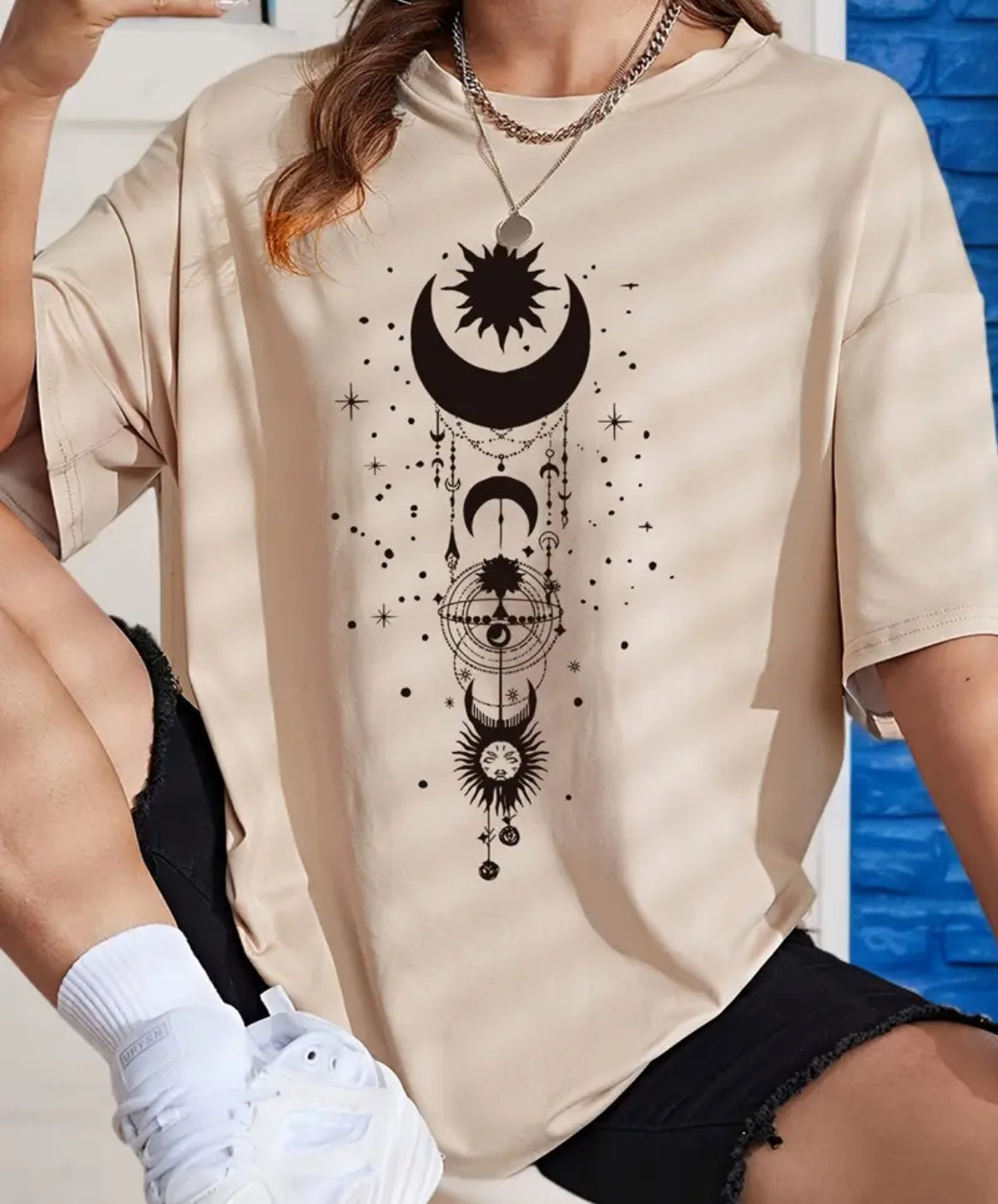 Sun & Moon Print Drop Shoulder T-shirt