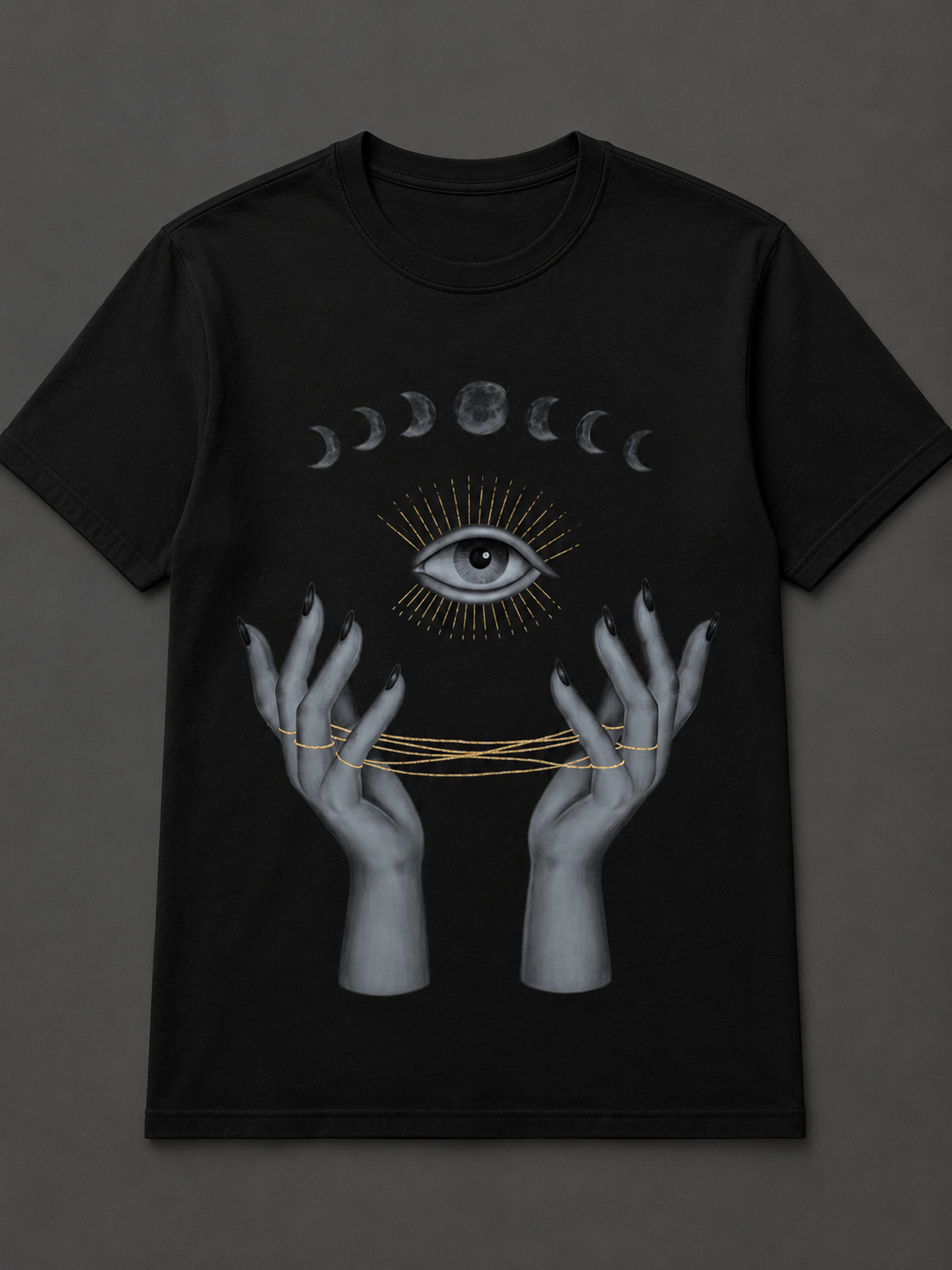 Mystic Eye & Moon Phases Black Graphic T-Shirt ✨