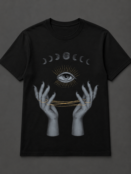 Mystic Eye & Moon Phases Black Graphic T-Shirt ✨
